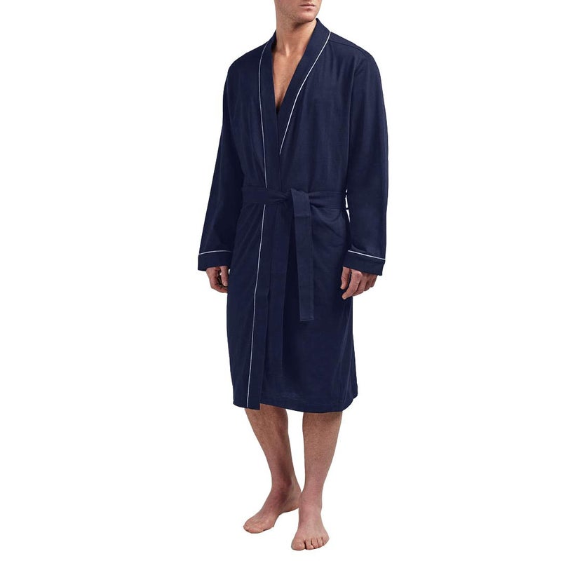 HOLOVE Knit Lightweight Cotton Bathrobes Knee Length Comfy Kimono Spa & Dressing Gowns for Men (Navy Blue L/XL) - Image 1